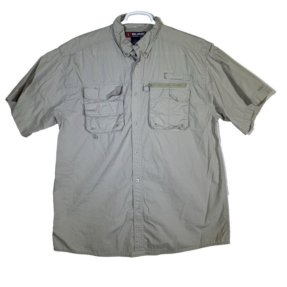 Reel Legends Men's Fishing Shirt Large Gray 100% Cotton Performance Vented Reel